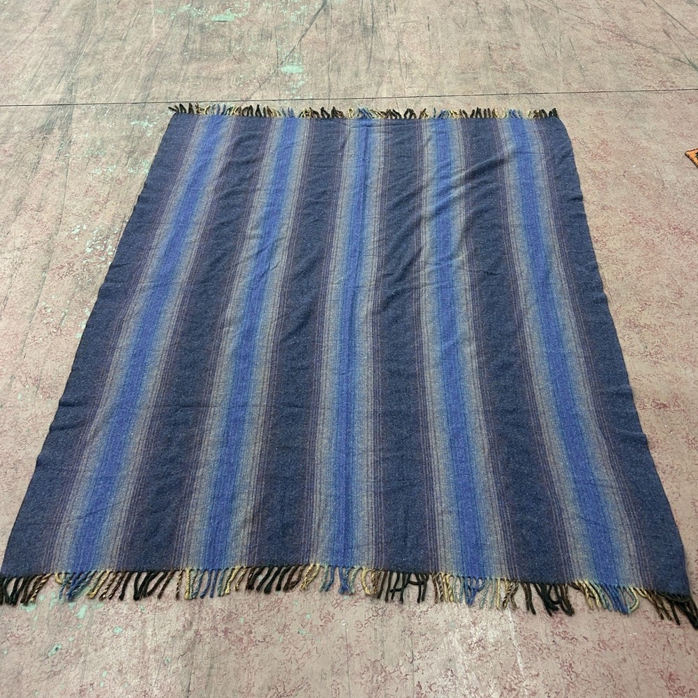 kerry woollen mills Woven Wool Throw Blanket OS Blue Grey Striped Fringed Edge